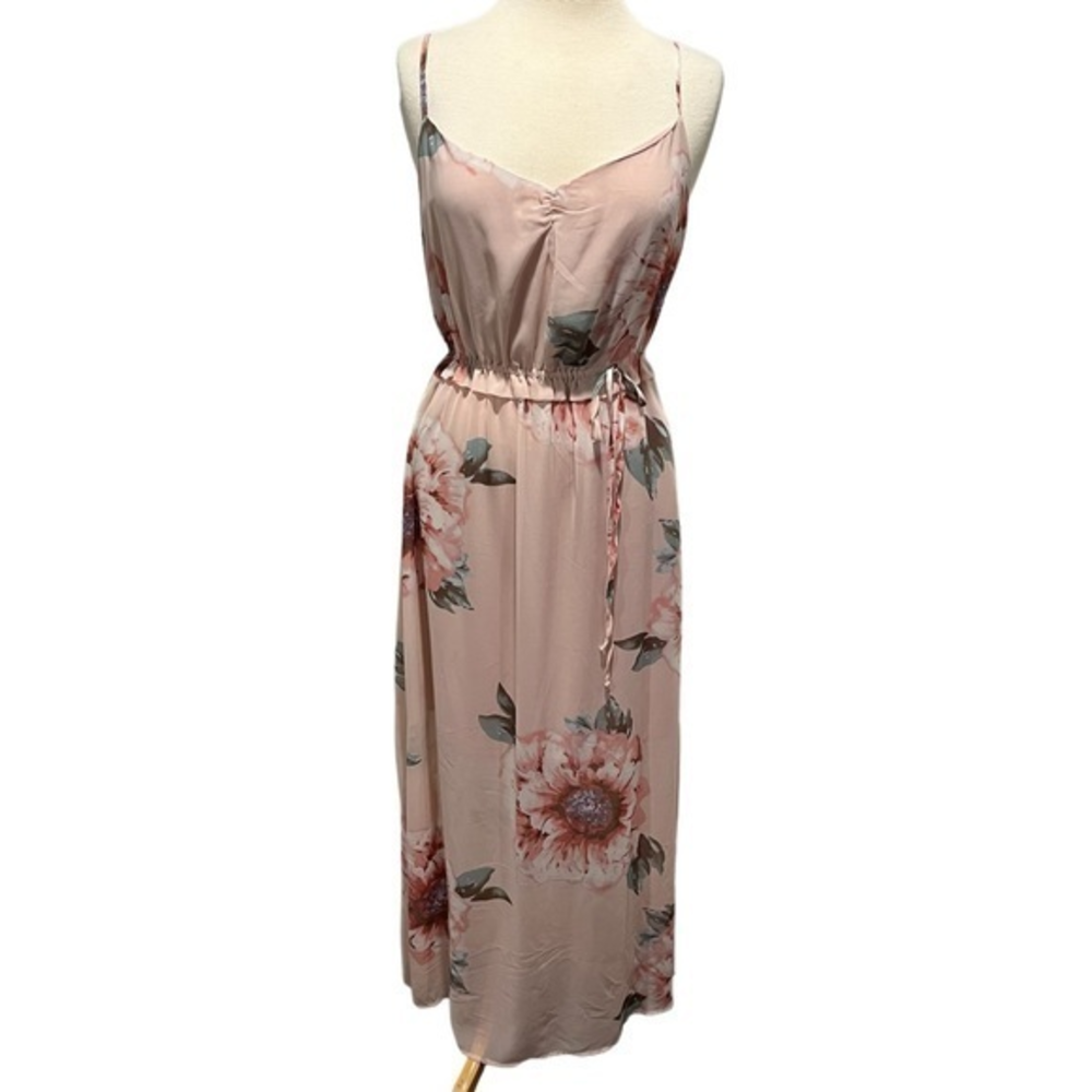 Pink Floral‎ Maxi Dress Adjustable  Strap Elastic Waist Side Slit Small #294